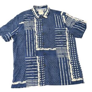 Tommy Bahama Silk Cotton Shirt XL Blue White Abstract Print Button‎ Down